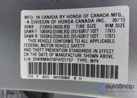 2015 Honda Cr-V Ex-L z USA, uszkodzony, nr VIN 2HKRM4H7XFH701757